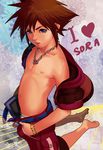  bad_id bad_pixiv_id barefoot belt blue_eyes bracelet brown_hair character_name english highres jewelry kingdom_hearts male_focus necklace new_race open_pants solo sora_(kingdom_hearts) sweat tongue tongue_out underwear 