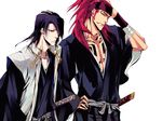  abarai_renji bleach hand_on_hip highres kuchiki_byakuya long_hair male_focus multiple_boys naktata red_hair simple_background smile sword weapon white_background 