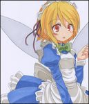 apron bad_id bad_pixiv_id blonde_hair blue_dress bow dress extra fairy fairy_maid fairy_wings maid maid_headdress marker_(medium) open_mouth red_eyes s-syogo shikishi short_hair solo touhou traditional_media wings 