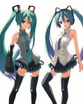  aqua_eyes aqua_hair bare_shoulders detached_sleeves dual_persona fkey hatsune_miku highres long_hair looking_at_viewer multiple_girls necktie open_mouth simple_background skirt smile thighhighs twintails very_long_hair vocaloid vocaloid_(lat-type_ver) zettai_ryouiki 