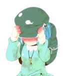  backpack bag blue_eyes blue_hair blush collagen embarrassed hair_bobbles hair_ornament hands_on_headwear hat hat_tug kawashiro_nitori key short_hair smile solo tears touhou upper_body 