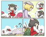  ? animal_ears blonde_hair bloomers brown_eyes bug cat_ears cat_tail chasing chen closed_eyes comic flower grasshopper hands_in_opposite_sleeves hat insect meadow multiple_girls multiple_tails ohyo tail touhou underwear yakumo_ran 