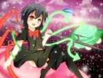  ahoge asymmetrical_wings black_hair black_legwear bow houjuu_nue open_mouth polearm raira red_eyes short_hair smile solo thighhighs touhou weapon wings zettai_ryouiki 