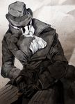  buttons cravat fedora gloves hat looking_away male_focus maou_abusorun mask monochrome pants pinstripe_pattern rorschach sitting smiley_face solo striped trench_coat watchmen 
