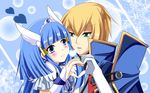  1girl angel_wings aoki_reika aqua_eyes bad_id bad_pixiv_id blazblue blonde_hair blue blue_background blue_eyes blue_hair blush cape couple crossover cure_beauty eien_no_kurayami eye_contact gem gloves hair_tubes head_wings heart heart_hands heart_hands_duo hetero ice_crystal japanese_clothes jewelry jin_kisaragi long_hair looking_at_another military military_uniform power_connection precure ribbon smile_precure! tiara uniform wings 