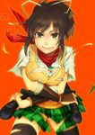  asuka_(senran_kagura) bad_id bad_pixiv_id breast_squeeze breasts brown_eyes dual_wielding holding katana large_breasts plaid plaid_skirt ready_to_draw senran_kagura senran_kagura_shoujo-tachi_no_shin'ei skirt solo sweater_vest sword thighhighs torn_clothes vambraces weapon yuuji_(and) zettai_ryouiki 