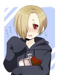  blonde_hair chocolate earrings hair_over_one_eye hood hoodie idolmaster idolmaster_cinderella_girls jewelry red_eyes shirasaka_koume short_hair skirt sleeves_past_fingers sleeves_past_wrists sr_soba tears 