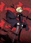  artoria_pendragon_(all) avatar41 black_legwear blonde_hair dark_excalibur dress fate/stay_night fate_(series) garter_straps gothic_lolita high_heels lolita_fashion saber_alter shoes solo sword thighhighs weapon yellow_eyes 