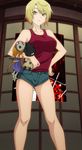  blonde_hair breasts cutoffs denim denim_shorts green_eyes highres large_breasts looking_at_viewer sankarea saouji_ranko screencap short_hair short_shorts shorts solo stitched tank_top third-party_edit 