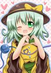  bad_id bad_pixiv_id blush green_eyes hat hat_ribbon heart heart_hands highres komeiji_koishi one_eye_closed open_mouth ribbon shinekalta shirt silver_hair skirt smile solo touhou 