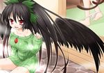  akou_roushi bare_legs bare_shoulders black_hair black_wings blush bow breasts cat_tail green_shirt hair_bow kaenbyou_rin large_breasts long_hair looking_at_viewer multiple_girls multiple_tails naked_sweater nekomata off_shoulder open_mouth panties panty_pull ponytail red_eyes reiuji_utsuho ribbed_sweater shirt sitting smile steam sweater tail third_eye touhou underwear undressing very_long_hair wings 