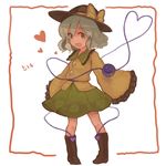  boots border bow character_name eyeball full_body grey_hair hat hat_bow heart heart_of_string komeiji_koishi open_mouth silver_eyes silver_hair skirt smile solo standing third_eye touhou white_background yuu. 