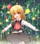 ascot blonde_hair bow breasts brown_eyes hair_bow medium_breasts older open_mouth outstretched_arms raira rumia skirt solo touhou 