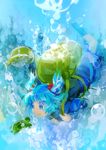  animal backpack bag blue blue_dress blue_eyes blue_hair bubble dress freediving hair_bobbles hair_ornament hat hat_removed headwear_removed kawashiro_nitori namie-kun short_hair short_twintails sketch solo swimming touhou turtle twintails two_side_up underwater 