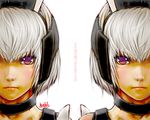  bad_id bad_pixiv_id bangs bare_shoulders blush choker dark_skin face grey_hair hebina_masayoshi lips maid_headdress multiple_girls phantasy_star phantasy_star_online purple_eyes racaseal serious short_hair signature simple_background symmetry text_focus white_background 