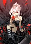  apple arm_support bad_id bad_pixiv_id bandages bare_shoulders black_dress chain dress fang food fruit looking_at_viewer mogumo navel open_mouth original ponytail red_eyes scythe short_hair silver_hair sitting skull solo striped striped_legwear thighhighs torn_clothes 