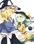  blonde_hair blush braid capelet dress eyeball green_eyes green_hair hat heart husui_parashi kirisame_marisa komeiji_koishi long_hair multiple_girls open_mouth ribbon short_hair silver_hair skirt smile third_eye touhou witch_hat yellow_eyes 