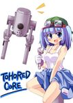  adjustable_wrench armored_core bad_id bad_pixiv_id bare_shoulders blue_eyes blue_hair blush clothes_around_waist fang gloves goggles hair_bobbles hair_ornament hat jacket_around_waist kawashiro_nitori kikiriri machine open_mouth short_hair solo tank_top touhou two_side_up white_gloves wrench 