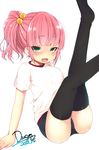  :3 bad_id bad_pixiv_id black_legwear blush buruma dancho_(dancyo) dated green_eyes gym_uniform hair_bobbles hair_ornament highres legs_up looking_at_viewer naughty_face no_shoes open_mouth original pink_hair signature simple_background sitting solo thighhighs white_background 