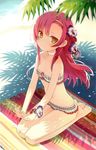  bangs bare_legs bare_shoulders barefoot bikini blush breasts brown_eyes choker cleavage flower h2so4 hair_flower hair_ornament hairband hayate_no_gotoku! highres katsura_hinagiku long_hair navel orchid parted_bangs pink_hair plaid plaid_bikini scan seiza sitting small_breasts solo swimsuit 