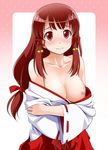  3: akai_yui bare_shoulders bell blush breasts clothes_down hair_bell hair_ornament hair_ribbon japanese_clothes jingle_bell large_breasts long_hair low-tied_long_hair miko nipples nose_blush o-net red_eyes red_hair ribbon solo undressing upper_body youkan 