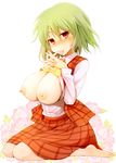  barefoot breast_squeeze breasts breasts_outside green_hair kazami_yuuka kneeling kurikara large_breasts nipples red_eyes solo sweat tongue touhou 