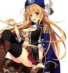  :d absurdres arm_support ascot black_legwear blonde_hair boots bracelet breasts cleavage coat coin corset crossed_legs epaulettes front-tie_top hat highres jacket_on_shoulders jewelry jolly_roger knee_boots large_breasts long_hair looking_at_viewer navel open_mouth original pirate_hat shiny shiny_skin sitting skull_and_crossed_swords smile solo thighhighs treasure_chest yellow_eyes yuuki_hagure 