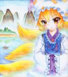  bad_id bad_pixiv_id blonde_hair blue_sky boat breasts day fox_tail frown hands_in_opposite_sleeves hat japanese_clothes lake lips long_sleeves looking_at_viewer medium_breasts mountain multiple_tails pastel_(medium) qqqrinkappp reflection short_hair sky solo tabard tail tassel touhou traditional_media tree upper_body watercolor_pencil_(medium) watercraft yakumo_ran yellow_eyes 
