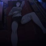  absurdres bandages black_hair breasts closed_eyes couch eyepatch highres jormungand large_breasts long_hair long_sleeves midriff navel open_mouth screencap shorts sleeping sofia_valmer solo stitched third-party_edit 