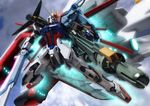  cloud dual_wielding energy_sword gatling_gun gun gundam gundam_seed holding mecha no_humans perfect_strike_gundam robographer space_craft strike_gundam sword weapon 