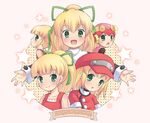  bad_id bad_pixiv_id blonde_hair blush character_name green_eyes hat long_hair mizuno_mumomo multiple_persona no_nose ponytail rockman rockman_(classic) rockman_dash rockman_exe roll roll_caskett roll_exe smile star 