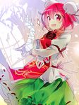  bandages bun_cover chinese_clothes double_bun flower ibaraki_kasen looking_at_viewer namie-kun open_mouth pink_eyes pink_hair red_flower red_rose rose short_hair sketch skirt smile solo tabard touhou 