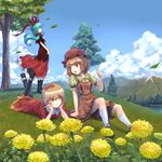  aki_minoriko aki_shizuha bad_id bad_pixiv_id blue_sky boots brown_hair chin_rest cloud dandelion day dress eno_(whiskeyne) flower forest front_ponytail grass green_hair hair_ornament hat kagiyama_hina kneehighs leaf leaf_on_head long_hair lying mountain multiple_girls nature on_stomach orange_hair outdoors short_hair siblings sisters sitting sky touhou tree white_legwear wind 