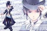  adjusting_clothes adjusting_hat black_hair character_name expressionless feathers formal frederic_chopin grey_eyes hat male_focus pants pocket_watch rie_(minori) shoes solo staff suit top_hat trusty_bell watch zoom_layer 
