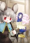  animal_ears blue_eyes cheese food grey_hair hood inuinui kumoi_ichirin mouse mouse_ears multiple_girls nazrin open_mouth red_eyes short_hair sitting sweatdrop touhou unzan weather_vane 