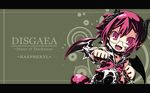  :d bad_id bad_pixiv_id bespectacled character_name choker clenched_hands copyright_name disgaea fang glasses green_background highres horns letterboxed makai_senki_disgaea_3 mizuno_mumomo open_mouth pink_eyes pink_hair pointy_ears raspberyl short_hair smile solo 