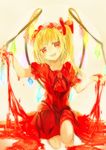  ascot bare_legs barefoot blonde_hair blood bow dress fangs flandre_scarlet hair_bow hat nail_polish namie-kun one_knee open_mouth pool_of_blood red_dress red_eyes short_dress short_hair short_sleeves side_ponytail solo toenail_polish touhou vampire wings 