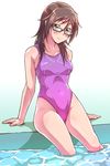  arm_support blush brown_eyes brown_hair closed_eyes competition_swimsuit e20 glasses houzumi_satsuki long_hair one-piece_swimsuit original pink_swimsuit sitting smile soaking_feet solo speedo_(company) swimsuit water 