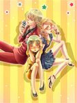  2girls barnaby_brooks_jr bespectacled blonde_hair blue_flower blue_rose brown_eyes chinese_clothes dress flower formal glasses green_eyes hair_flower hair_ornament high_heels huang_baoling karina_lyle long_hair multiple_girls rose shoes short_hair slippers suit tiger_&amp;_bunny unbrfjsn 