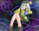  bow covering_mouth green_eyes green_hair hand_over_own_mouth hat hat_bow heart heart-shaped_pupils heart_of_string komeiji_koishi rnkgmn shoes skirt solo symbol-shaped_pupils third_eye touhou 