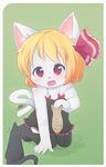  alternate_costume animal_ears black_legwear blonde_hair blush cake cat cat_ears cat_tail cub dress fang fish food furry giving hair_ribbon highres open_mouth red_eyes ribbon rollingswitch rumia short_hair smile solo tail thighhighs touhou whiskers 