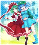  backpack bad_id bad_pixiv_id bag blue_eyes blue_hair boots bow colored_eyelashes dress frills front_ponytail furapechi green_eyes green_hair hair_bobbles hair_bow hair_ornament hair_ribbon hat highres kagiyama_hina kawashiro_nitori key midriff multiple_girls open_mouth ribbon smile standing standing_on_one_leg star touhou two_side_up wrist_cuffs wrist_ribbon 