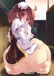  after_sex ass bandages barefoot blush bottomless breasts bun_cover covering_mouth cum cumdrip feet from_behind highres hips huge_ass ibaraki_kasen indoors looking_at_viewer looking_back messy_hair nipples pink_hair school short_hair sitting small_breasts soine solo tabard touhou wide_hips wooden_floor 