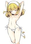  armpits arms_up bad_id bad_pixiv_id bangs blonde_hair blunt_bangs blush breasts closed_eyes eyelashes groin hairband high_heels kise_yayoi navel nipples panties perky_breasts precure shoes side-tie_panties simple_background small_breasts smile smile_precure! solo underwear underwear_only white_background white_hairband white_panties yukiwo 