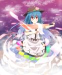  blue_hair blush dress food fruit hat highres hinanawi_tenshi long_hair peach raira red_eyes sword_of_hisou touhou weapon 