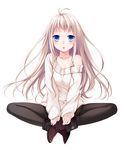  :o black_bra black_legwear blonde_hair blue_eyes blush boots bra bra_strap collarbone full_body indian_style itou_nanami lingerie long_hair looking_at_viewer off_shoulder open_mouth original pantyhose sagiko simple_background sitting solo underwear white_background 