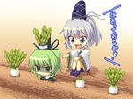  :d anger_vein buried daikon dress garden green_dress green_eyes green_hair grey_eyes hat japanese_clothes mononobe_no_futo multiple_girls open_mouth ponytail radish scowl shaded_face shimada_(simada_bu) sitting skirt smile soga_no_tojiko sparkle tate_eboshi touhou translated wide_sleeves 