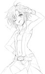  ;d arm_up armpits belt greyscale hand_on_hip idolmaster idolmaster_(classic) jewelry kikuchi_makoto kurimomo monochrome navel necklace one_eye_closed open_mouth pose short_hair sketch smile solo thighhighs translated v 