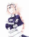  armor armored_dress backlighting braid capelet closed_eyes dress fate/apocrypha fate/zero fate_(series) gauntlets headpiece jeanne_d'arc_(fate) jeanne_d'arc_(fate)_(all) long_hair mian1 outstretched_hand single_braid smile solo 