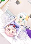  :o alternate_costume bare_shoulders bed bow dress dutch_angle elbow_gloves formal girl_on_top gloves green_eyes green_hair hair_bow heart heart_necklace heart_of_string highres jewelry komeiji_koishi komeiji_satori locket looking_at_viewer lying multiple_girls mutenka necklace on_back on_bed pendant pink_eyes pink_hair short_hair siblings sisters strapless strapless_dress suit third_eye tiara touhou veil wedding_dress white_gloves 